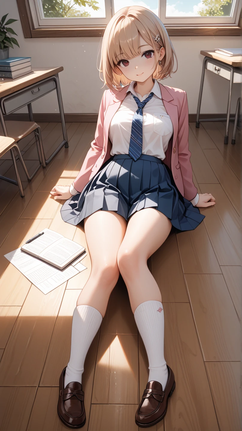 Lauren Burch, model, adult, in pink minidress, kneeling in a Classroom. gorgeous schoolgirl, belle delphine, white thighhigh socks