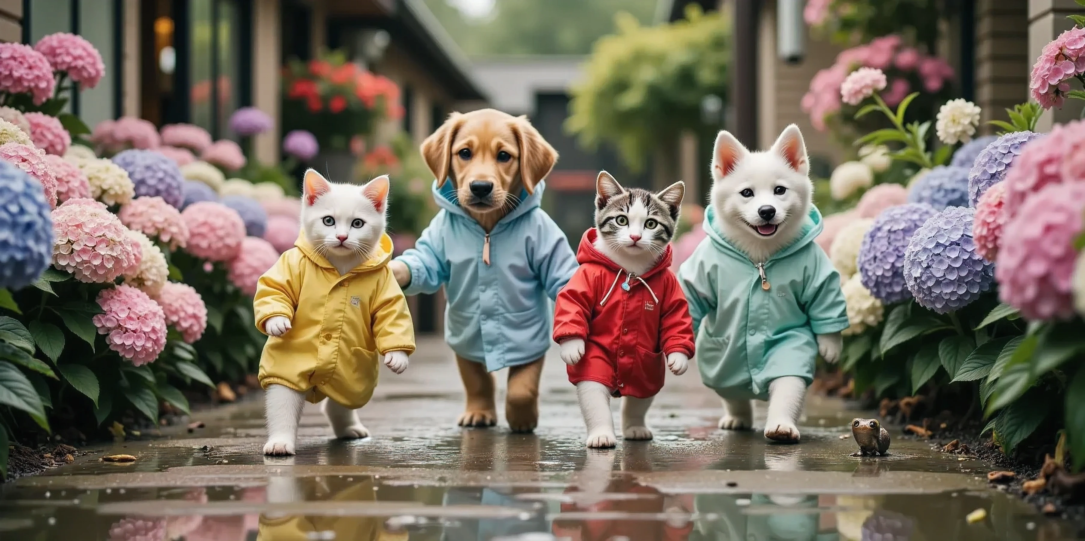 Scene: On a humid afternoon during the rainy season, two kittens and three puppies are walking in a line in colorful raincoats along a path lined with blooming hydrangeas. A fine rain continues to fall from the sky, making the path wet and shiny. Pink, blue, purple, white, and other colorful hydrangeas are blooming on both sides of the path, and raindrops are splashing on the petals. The hydrangeas are slightly drooping under the weight of the flowers.

Kittens:
A white short-haired kitten is walking elegantly in a light blue raincoat through the moist air. It brings its wet nose close to the hydrangeas, as if enjoying their scent.
A gray tabby kitten is wearing a lemon yellow raincoat and suddenly stops to stare at the hydrangeas reflected in the puddle.

Puppies:
A golden retriever puppy is walking energetically in a red raincoat. It occasionally splashes its feet in the puddles, splashing mud on the hem of its raincoat.
A dalmatian puppy is wearing a monotone polka-dot raincoat and is fascinated by a frog peeking out from between the hydrangeas. It has a serious look in its eyes.
The Shiba Inu puppy was wearing a mint green rain poncho and stomped along quietly, water dripping from its wet fur.