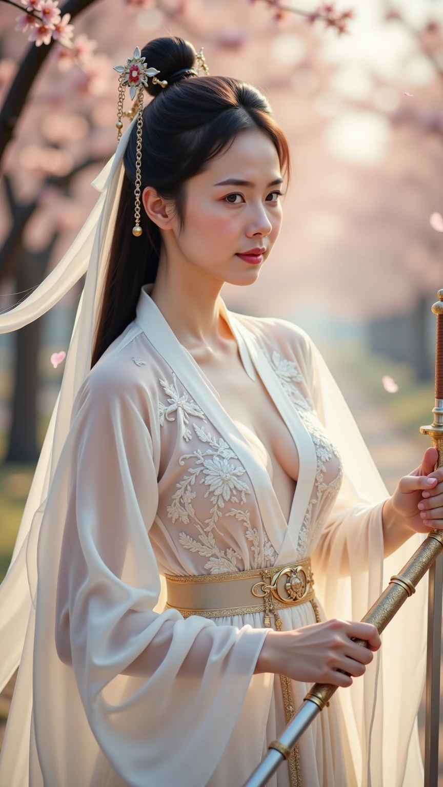 a close up of a woman strolling on a catwalk chinese style, Detail of a round, plump, solid chest, visible cleavage, full body xianxia, queen of the sea mu yanling, white hanfu, style of guo hua, traditional chinese, hanfu, yanjun chengt, xintong chen, inspired by Huang Ji, li zixin, inspired by Tang Yifen, inspired by Zhang Yin