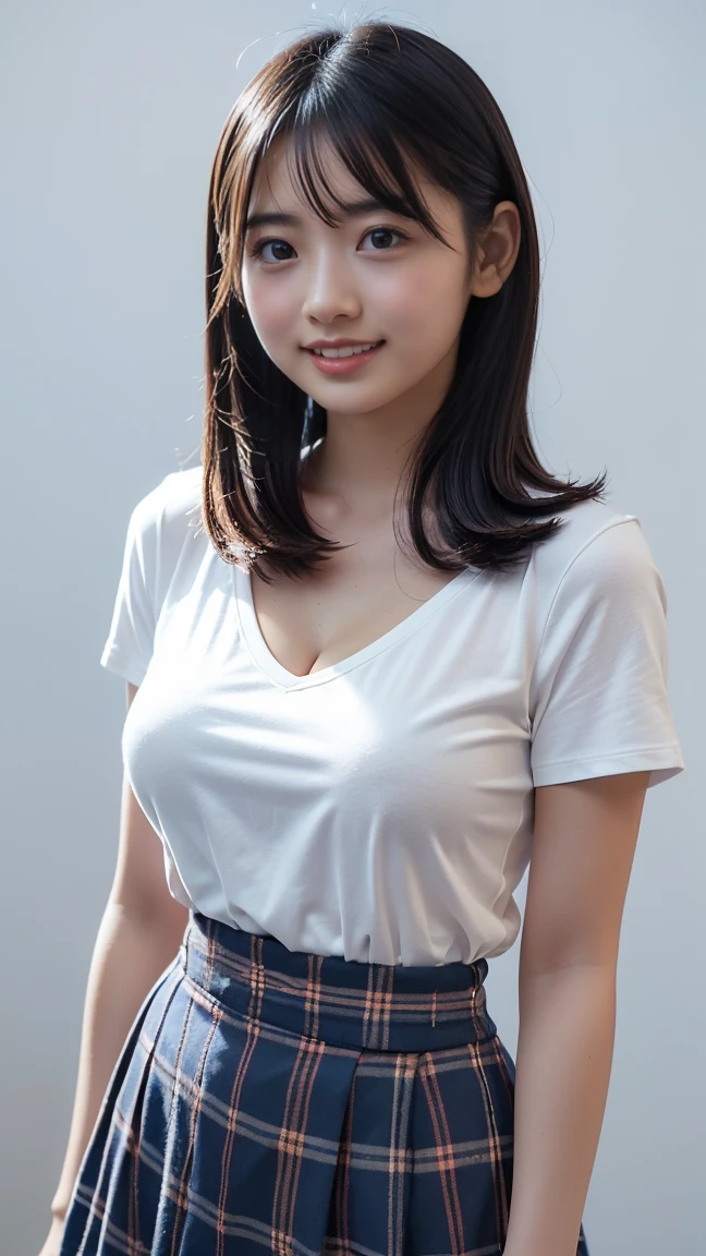 Japanese female, (underweight), (medium bust best quality:1.0), 30 years old, (cheerful grin:1.1), bending over, standing, semi long, (wearing a loose white t-shirt),(cleavage:1.0), (downblouse:1.3), (red shorts), in the Japanese festival, ((at night)), cowboy shot, ground-level shot