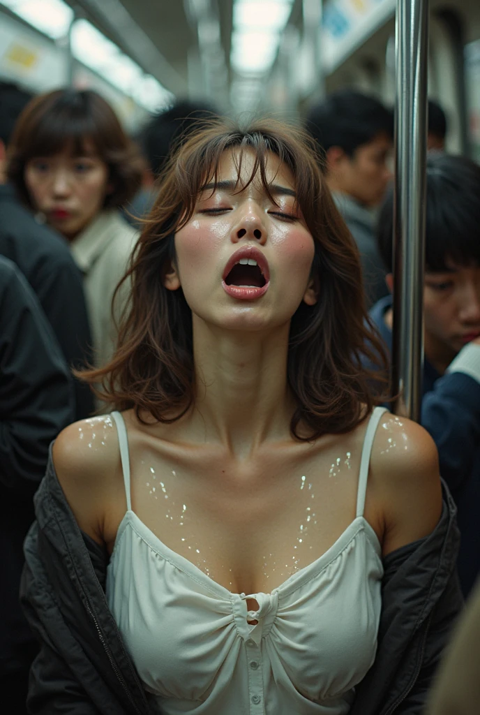 //quality, Realistic photograph, (best quality:1.5), (hyper-realistic:1.2), (high resolution:1.5), (Cinematic Lighting:1.2), upper body shot, RAW photo, (4k. 8k precision image), detailed textures, sharp focus,ultra-detailed,
//character, A beautiful girl, huge breasts, (micro bra:1.6), (see-through bra:1.5), (strings panty:1.4), cleavage, (sheer nipples:1.3), public indecency,
//facial expression, tearful face, (sexual climax:1.3), (orgasm face:1.3), (open mouths), (half close eyes),
//posture, standing, (slouching forward:1.2),
//fashion, coat over naked
, jacket troubled,
//fetish,
//background, public indecency, downtown, (crowd:1.2),