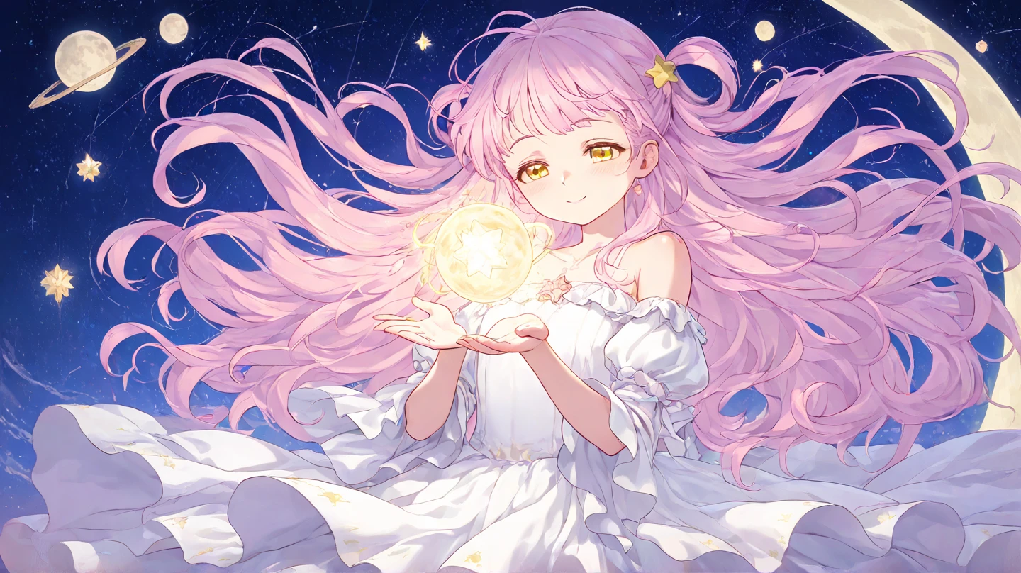 complex background, wishing star background, gradient wavy hair, a woman wearing an ethereal mystical pink translucent dress that reflects the stars, complex drawing, highly detailed, starry night, midjourney style