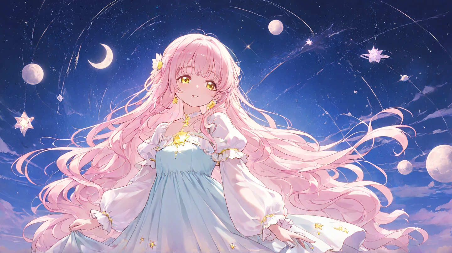 1girl, solo, adorable, cute, pastel colors ,dreamy, glitter, stars, lucid dream, plushies, above clouds, long hair, star shaped pupils, fluffy dress, puffy sleeves, ribbon collar,