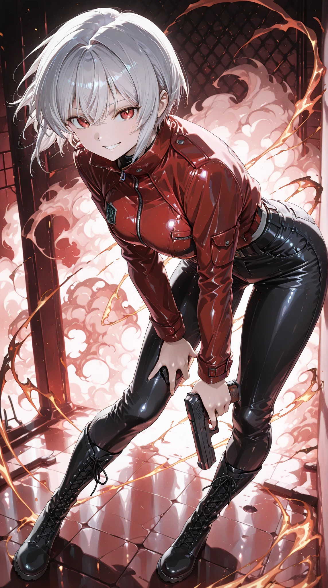 (((masterpiece))),(((High resolution)))、(((8K quality)))、(((Perfect Face)))、((Top quality eyes)), Attractive 40 year old woman, Anime Style、Too many bangs、Wavy Hair, Medium Hair, ((Hair on one eye)), Redhead, Small eyes, Brown eyes, Beautiful Eyes、red and thick lips、Big Breasts、Big Ass、Cleavage, looking back at viewer, (Torn black full bodysuit), latex, (shiny clothes), (torture chamber), BDSM, bed, bondage, bound ,(arms up), bound arms, bound legs, bound wrists, breast bondage, (spread legs, frogtie, bound thighs), (on stomach, lying, On the bed), ,Ass Focus、panties、 back shot, sweat, blush, closed eyes, 