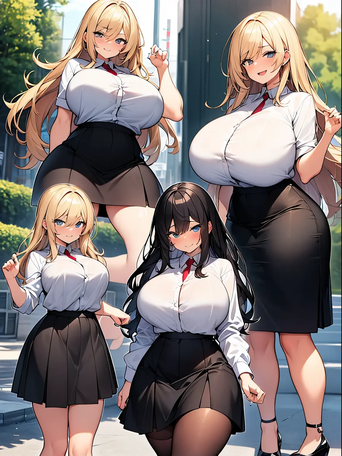 2heads, a short chubby woman with 2 heads. She has gigantic breasts. She looks very nerdy. She has frizzy hair. She is wearing a schoolgirl outfit. Her enormous breasts are nearly causing the outfit to rip. She is embarrassed. Her breasts are massive.