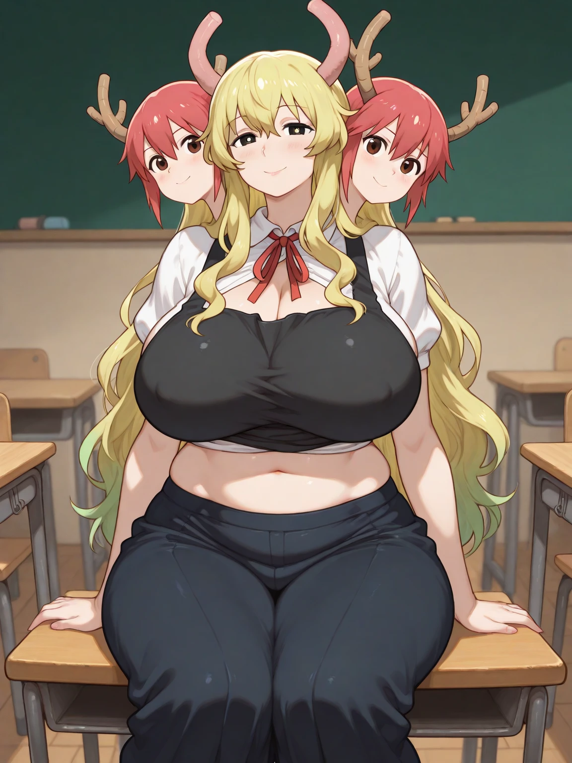 ((masterpiece)),(best quality),official art,extremely detailed CG,unity 8k wallpaper,ultra detailed,beautiful detailed eyes,extremely detailed face,classroom,1girl,solo,upper body,(portrait:1.5),looking at viewer,facing viewer,sleepy,half-closed eyes,deadpan,ahoge,very_long_hair,blonde_hair,messy_hair,sidelocks,purple_eyes,pink_hoodie,red_bowtie,collared_shirt,white_shirt,small_breasts,red_skirt,pleated_skirt,plaid_skirt,black_socks,uwabaki, standing, smile, shy, blush, solo, 1girl, SSBBW Gabriel Tenma White, big cheeks, ssbbw, severely obese, 600lbs obese female, no pupils, ultra detailed, masterpiece, best quality, aesthetic, detailed, Fluffy and Fat Face, Big Butt, Big Cheeks, Obese Body, Sexy, Obese Girl, Happy, Cute Expression, Very Hot, bbwchan, nsfw art, manhwa, oppai proportions, she has a jiggly fat round belly, body swelling about to explode, thicc, with a large breasts, doujin, very thick thighs, obese arms, obese belly, big cheeks, Slob body, orgasm, erotic smile, Beautiful nipples, pussy, Sexy posture, ahegao