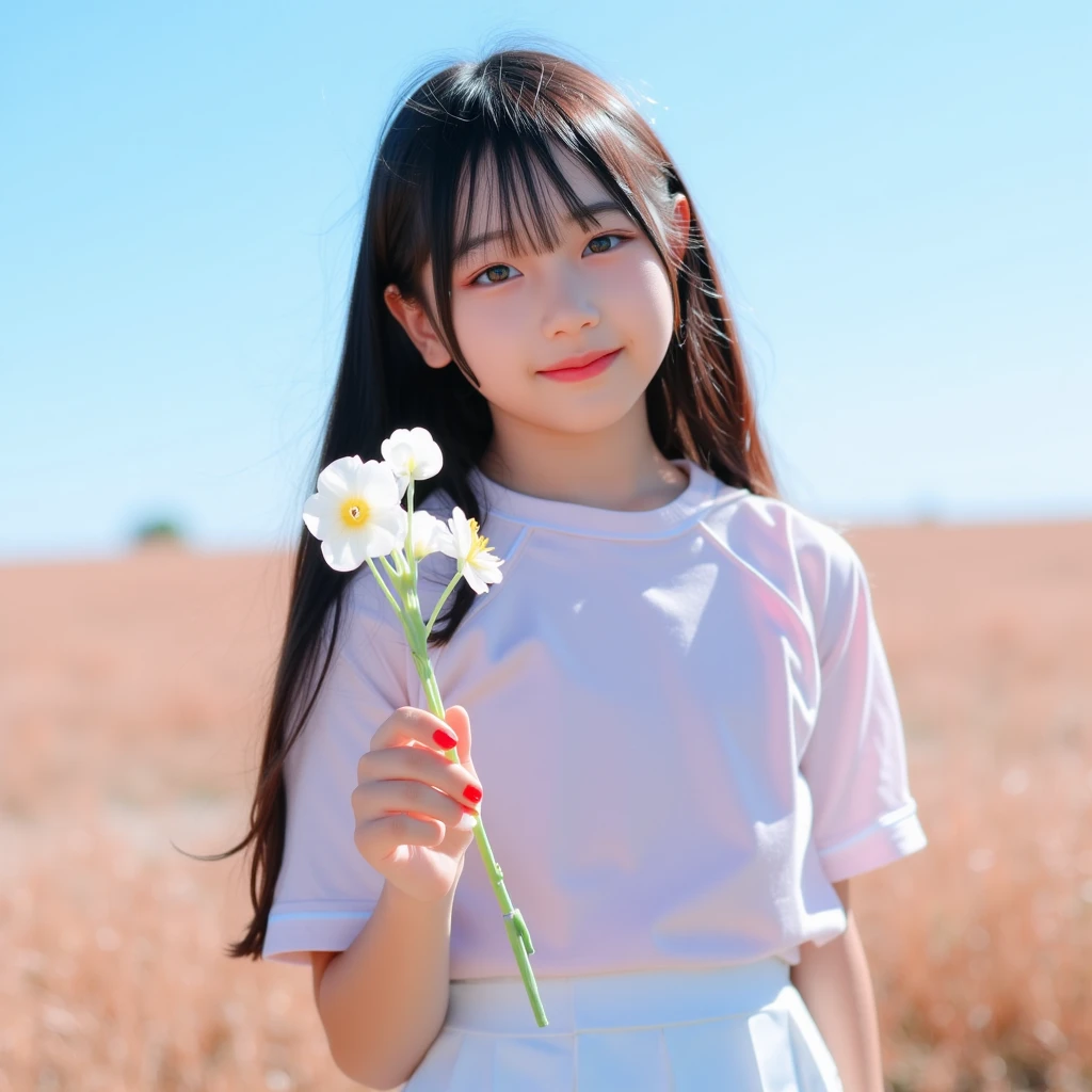 Children 10 years old、1 Beautiful girl、So cute、White shirt、デニムベリーショート