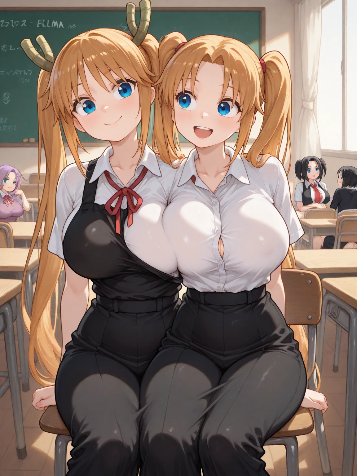 2heads, a tall thin woman with 2 heads. She has enormous breasts. She is wearing business attire. She is in an executive office. Laying on back, laying on desk. Straddling viewer, having sex with viewer. She has enormous fat breasts. She looks nerdy. Large circular glasses. She is smiling wide. She looks drunk. She has messy hair. She has giant hard nipples. She has gigantic fat breasts. She is very tall and thin. She looks young. Blushing, aroused. Drunk, intoxicated.
