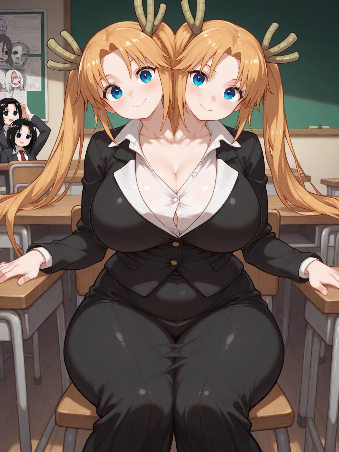 2heads, a tall thin woman with 2 heads. She has enormous breasts. She is wearing business attire. She is in an executive office. Laying on back, laying on desk. Straddling viewer, having sex with viewer. She has enormous fat breasts. She looks nerdy. Large circular glasses. She is smiling wide. She looks drunk. She has messy hair. She has giant hard nipples. She has gigantic fat breasts. She is very tall and thin. She looks young. Blushing, aroused. Drunk, intoxicated.
