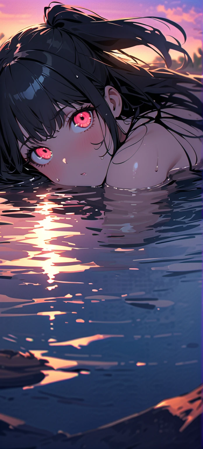 Top quality, masterpiece, woman, short bob black hair, red eyes, black hole trompe l'oeil design swimsuit, night sea, Sucking Black Hole