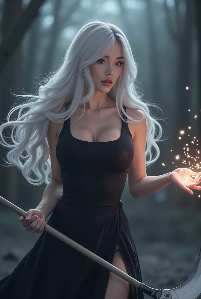 Virtual image, Virtual Magic, 1 woman, beautiful, charming, sexy, China, Medium bust, Blue-bronze hair, medium length hair, light blue eyes, Light red lips, tattoo, black open shoulder shirt, sexy, skirt, tights, high-heels, full body, Suitable background, Real picture, Pose naturally, Candle, Yellow lightning swirls around., Very realistic., Snow at night with twinkling stars in the sky