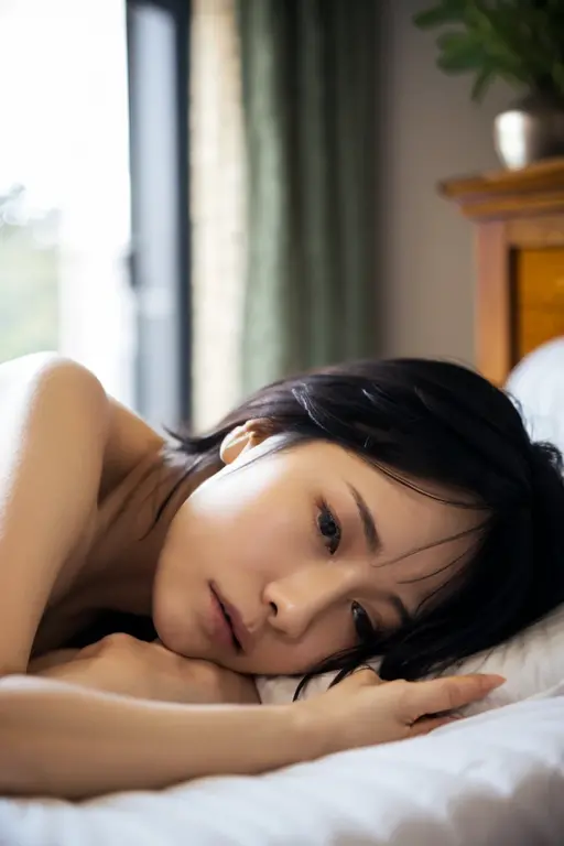 Beautiful Japanese woman lying on a pillow、Soaked