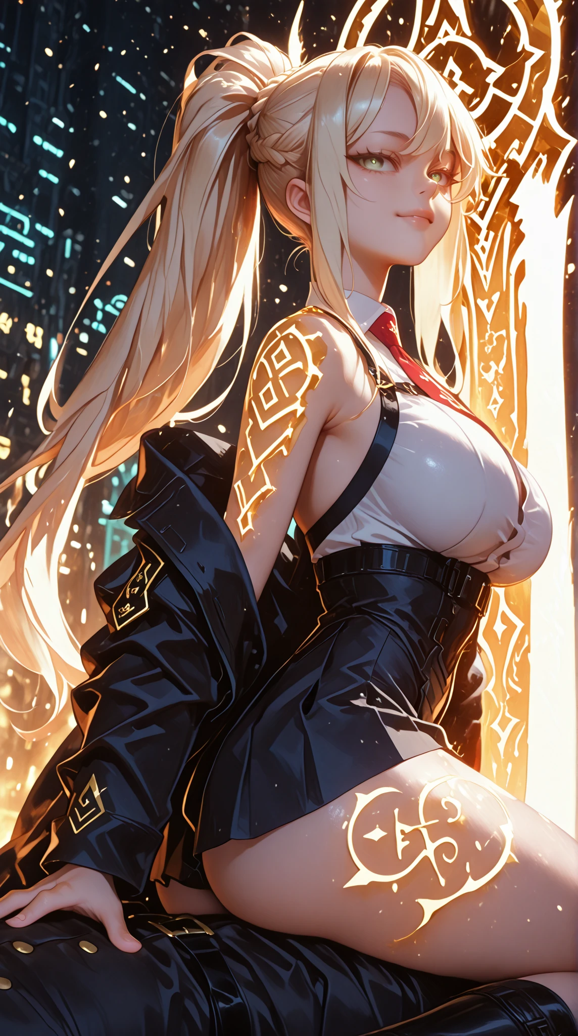 最high quality、best image quality、masterpiece、age girl((20-year-old、 By becoming、vest bust、medium bust,wide open breast tea、black eye, blonde hair、long hair、thin,highest valley、Rear view、topless、rose tattoo on back、green long pants)),high quality、beautiful art、background((Red smoke、large facility))debris flies、Depth of written boundary、movie、visual art、perfect art、8K,genuine