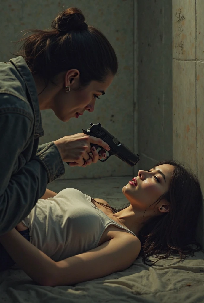 A young woman watches in terror as a man stabs her friend on the floor, set in ancient Ayacucho drawn in pencil