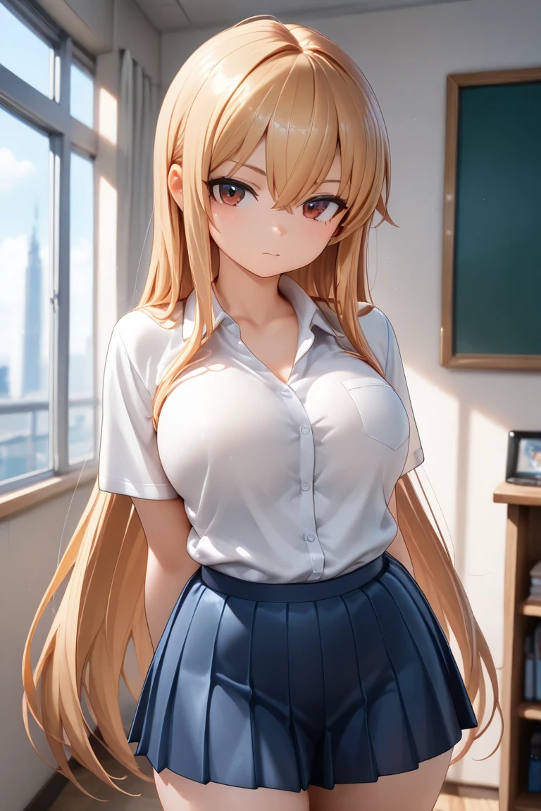 One girl, Beautiful smile,Embarrassed face, Close your mouth,Abstract, School, masterpiece, highest quality, so beautiful, Absurd, up to date, Complex details, AI-generated, Complex,High resolution, highest quality, super high quality,3D Images、View the viewers、3D Images,one person,anime girl with long blonde hair and blue eyes posing for a picture, a hyperRealistic , hyperRealistic , Realistic , blonde anime girl with long hair, Smooth anime CG art, Beautiful anime school girl,White long sleeve blouse,Blue checked skirt,Blue Chest Ribbon, (Large Breasts:1.5), Mature Body,Fine details,Abdominal muscles