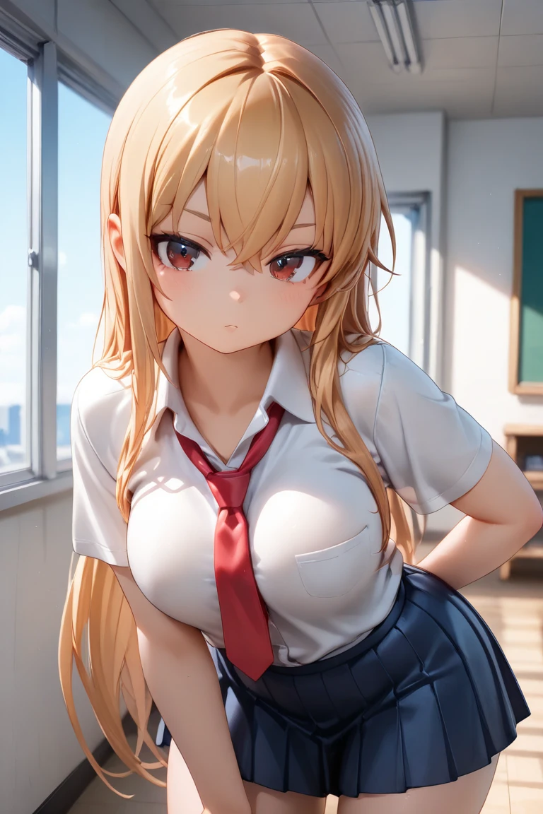 masterpiece, best quality, highly detailed, ultra high res, eliayase, eli ayase, yellow hair, blue eyes, ponytail, hair ribbon, 1girl, solo, glossy lips, white button-up shirt, shool neck ribbon, pleated miniskirt, otonokizaka high school