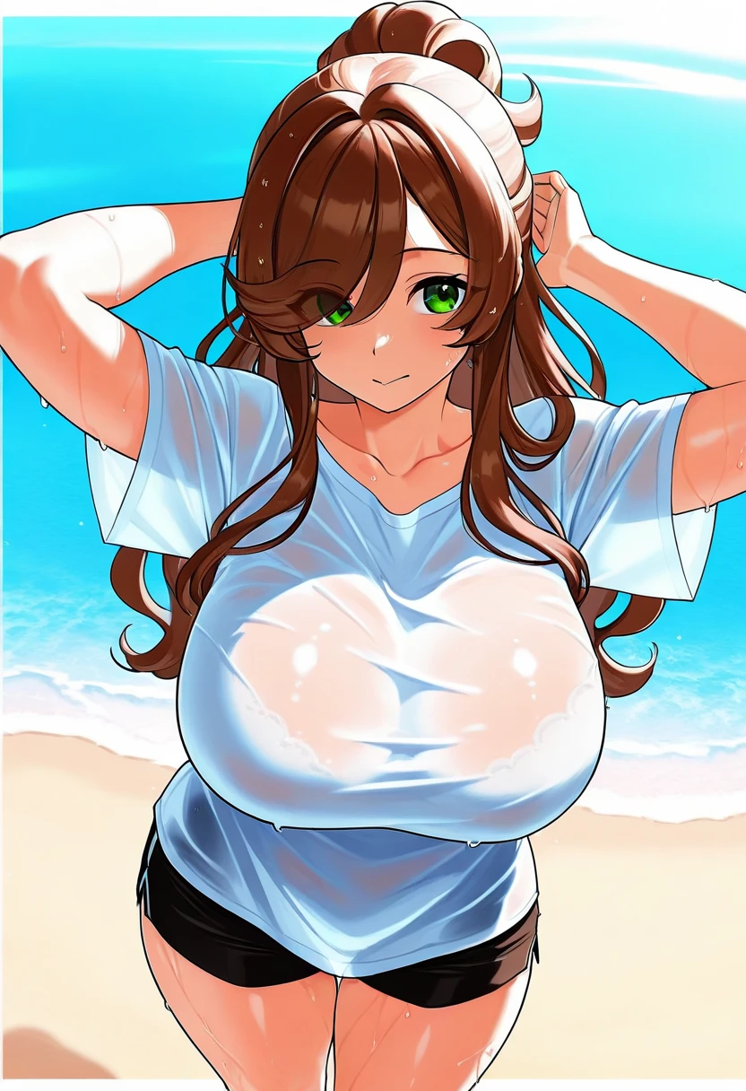 (( close、16k、highest quality、Attention to detail、Rich skin detail, Browsing Caution)),((Chubby)),(Green Eyes)、((((Sideburns))))、((short hair、Long single braid))、((Brown Hair))、(Beautiful Eyes)、 ((Swollen nipples、Huge breasts)),((Place your hands behind your head、Underarm))、((White Shirt、Shirt lift))、 ((Sweat、Wet))、 ((blush))、(Wide Hips、Thick thighs)、((((Embarrassing))))、:d、((Beach))