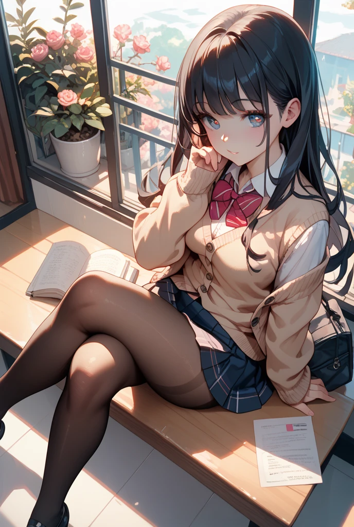 finest, masterpiece, High resolution, (Full body view from head to toe), front, frontやや下からの構図, symmetry, 18 year old tall girl, alone, (whole body from head to toe), (small breasts), Unkempt brown hair, bangs, (black tights), (black pantyhose), (sit with legs spread), (squatting pose), (Composition showing white panties), (her legs spread、I can see white panties.), (I was made to sit on the floor with my legs spread apart.), (M-shaped spread legs), thin legs, A very beautiful and tall 18 year old girl, (not wearing shoes), blush, shy big eyes, looking at camera, blazer uniform, plaid pleated skirt