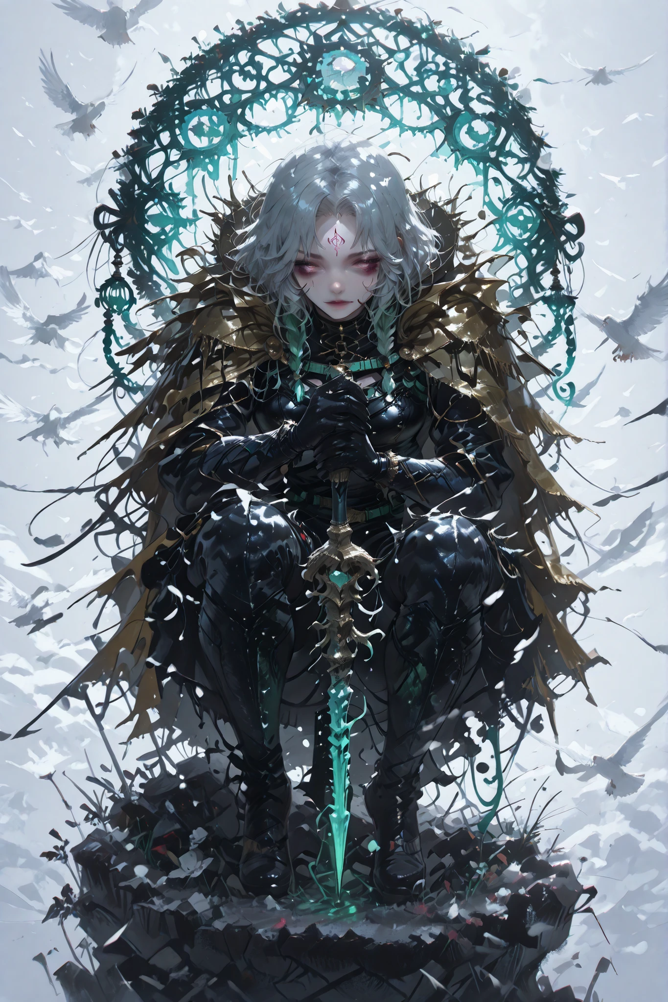 demonic horse woman with green locks and gray hair hair in a black and red bodysuit,seductive girl with tattoos,sex position,косплей anime-девушки,anime-девушка в реальности,detailed ,high definition,photorealistic,perfect lighting,careful drawing,deep detail,anime,Realistic,4K,HDR,professional,bright colors,blurred background,держит в руках Staff dream Catcher, тату dream Catcher на груди, dream Catcher, Staff, green harness, Golden cloak , detailed угол сзади, standing on a cliff, terrible ghosts are flying around