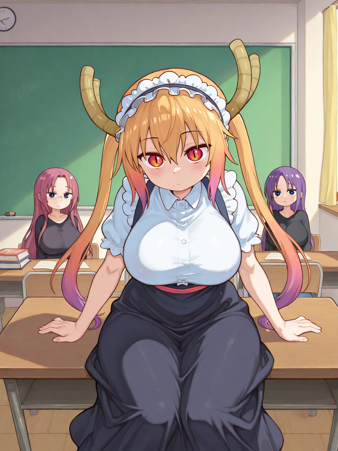 Tohru, cabello rojo, Cabello con trenza, ojos azules, ojos detallados, cuerpo completo, Cleavage Bulge, tank top,
