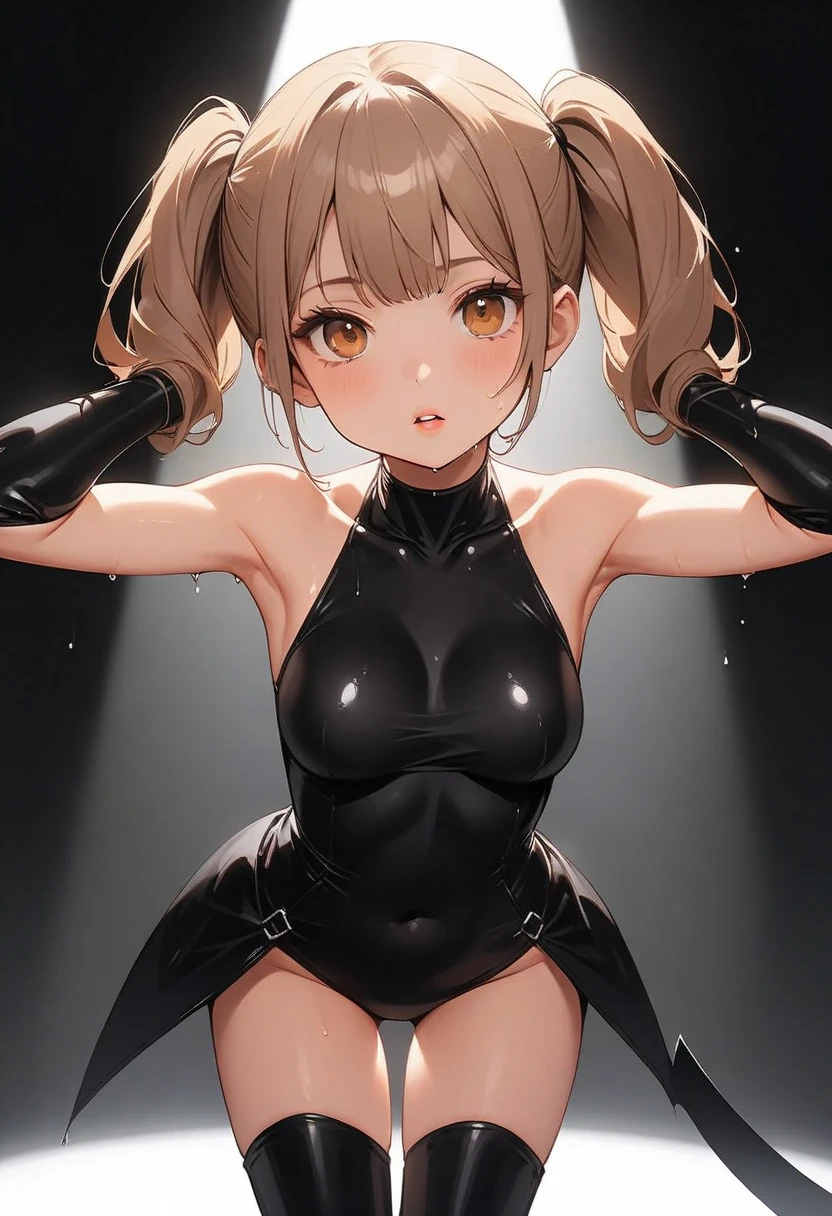cameltoe、long gloves、brown loafers、black calf length socks、Open your thighs wide to the left and right、squat on the ground、((latex old school swimwear:1.3、sit, spread your legs:1.3, arms behind head ))、12 years old、absurd、bob haine hair、flat lighting、elevation angle、sexy pose、highest quality、Complex、surreal、perspective, very detailed, detailed background, figure、1 girl、alone、small breasts、light smile