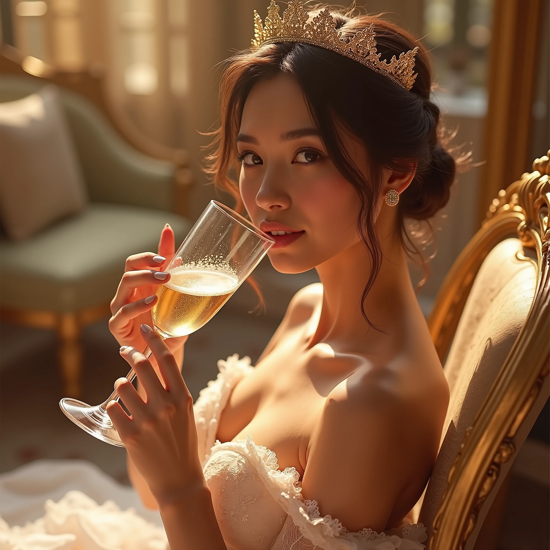 (((full medium shot))), (Masterpiece, photorealistic, photorealism, best quality, ultra-detailed:1.3), (nice hands, perfect hands), official art, cinematic light, (1girl:1.3), adult, solo, long hair, breasts, looking at viewer, black hair, dress, holding, cleavage, jewelry, medium breasts, earrings, black eyes, black dress, bracelet, cup, lips, makeup, wavy hair, alcohol, drinking glass, champagne flute, champagne, beautiful, delicate, intricate, elegant, highly detailed, very sharp focus, glowing, clear, artistic, romantic, scenic, rich deep colors, enhanced, bright, inspired, lovely, marvelous