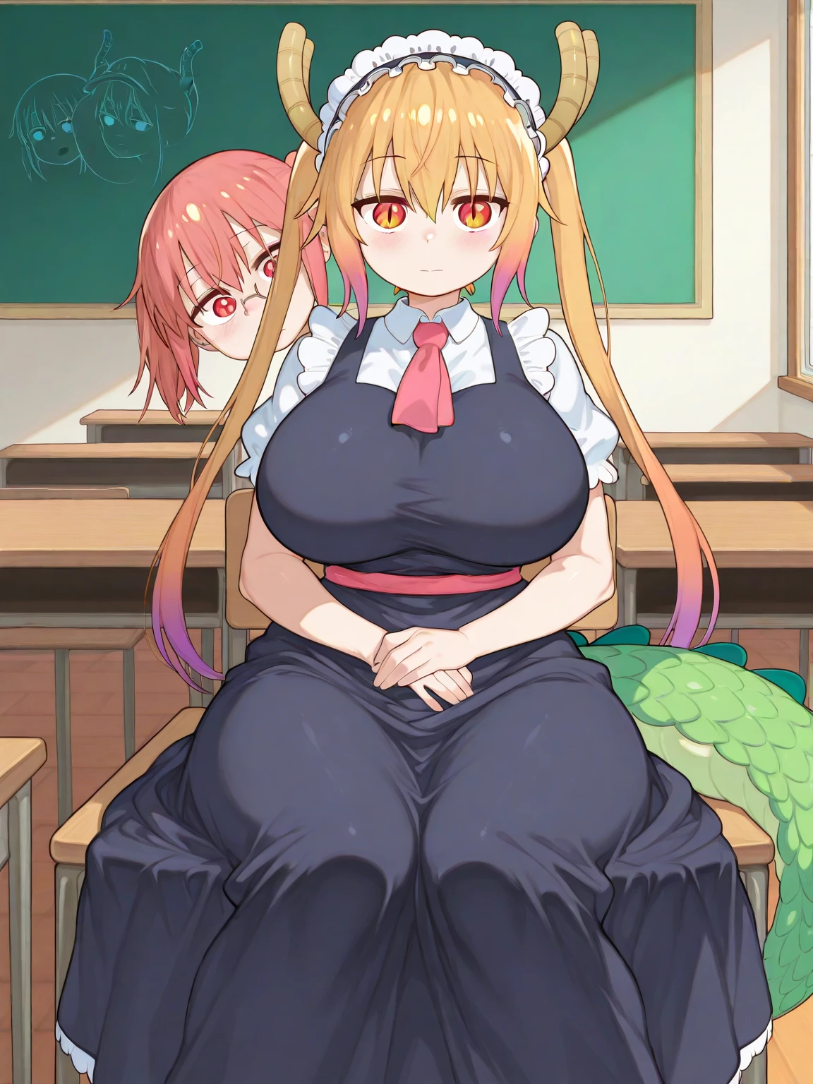 score_9, score_8_up, score_7_up, score_6_up, score_5_up, score_4_up, (source_anime), 2girls,Kobayashi-san Chi no Maid Dragon, (Kanna Kamui, horns, short hair, ??? , small breasts, {eating pussy}), (lucoa, long hair, massive breasts, Inverted nipples,), yuri, age difference, giant size difference, pussy, far, full body, oral, Horn
