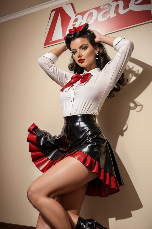 ((best quality)), ((masterpiece)), (detailed), a young latin woman with wavy dark hair, flawed skin and a slender body type, poses confidently in a striking, edgy outfit. She wears a sleeveless, high-neck black latex bodysuit paired with a short, red pleated skirt. The ensemble is completed with black thigh-high stockings and black high heels, giving the outfit a bold and sophisticated vibe. Her long, wavy hair cascades down one side, and she sports bold red lipstick that matches her skirt. She stands with one leg propped on a white cushioned stool, emphasizing her poised and fashionable stance. The backdrop is minimalistic, featuring a white door and light-colored walls, which allows her outfit to stand out prominently. , perfect face, perfect hands, five fingers,