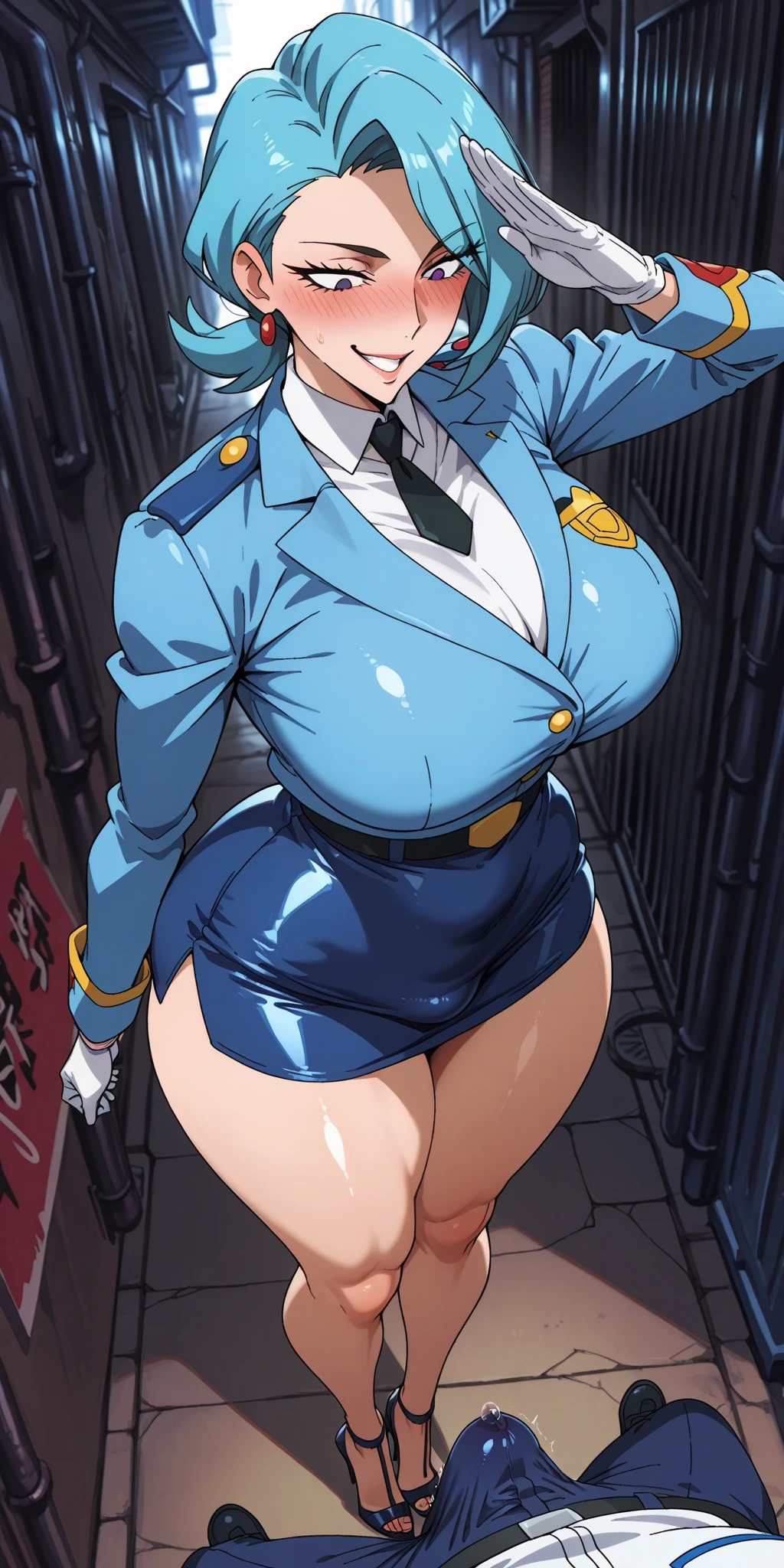 (perfect body),highest quality,(8KP○rtrait),(anime screen cap)、NSFW、Sweat,((big breasts))、police hat、female police officer、(black hair),(bob cut)、dull bangs、yellow eyes,((thick thighs)),((big ass))、、(navy blue leotard)、glare、blush、((squint your eyes))、grit your teeth、adult w○ man、(((embarrassing)))、(city)、((muscular))、fingerless gloves、Armpits、put your hands behind your head、(thick waist)、M-shaped spread legs、black boots、Leather belt at waist