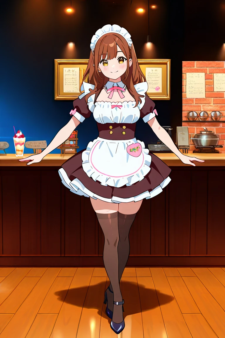 one girl comes in close contact、brown hair、Maid cafe employee、 Maid Cafe Decor 、Serve customers、Maid Outfit、knee-length stockings、miniskirt、、、kind smile、、、high heels、masterpiece、Highest Quality、Relaxation Time、