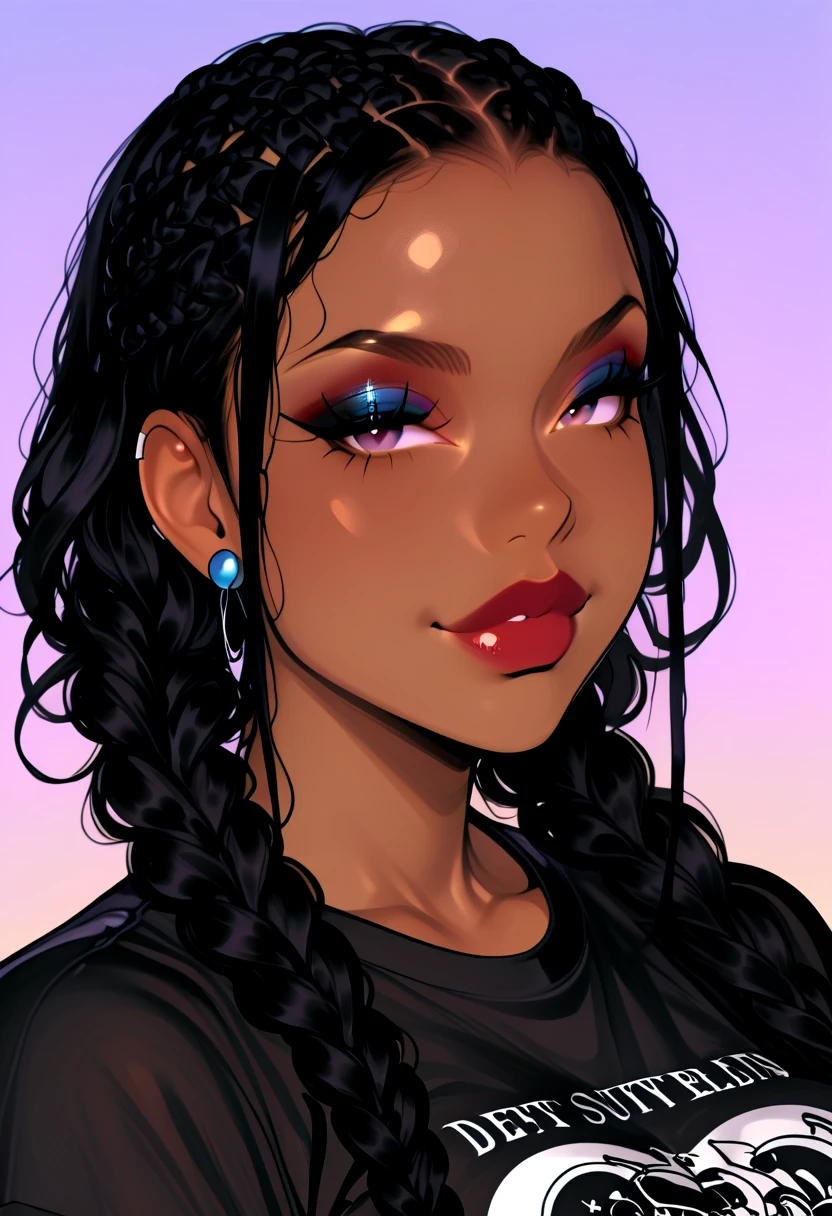 A beautiful woman with long black hair, purple and blue braids, butterfly jewelry around her neck, glowing moonlight on the beach background, colorful starry sky, pink iridescent light shining through the clouds, beautiful dreamy rainbow color palette, vibrant illustration style, cartoon realism, bright colors, detailed facial features, butterfly flying next to it.