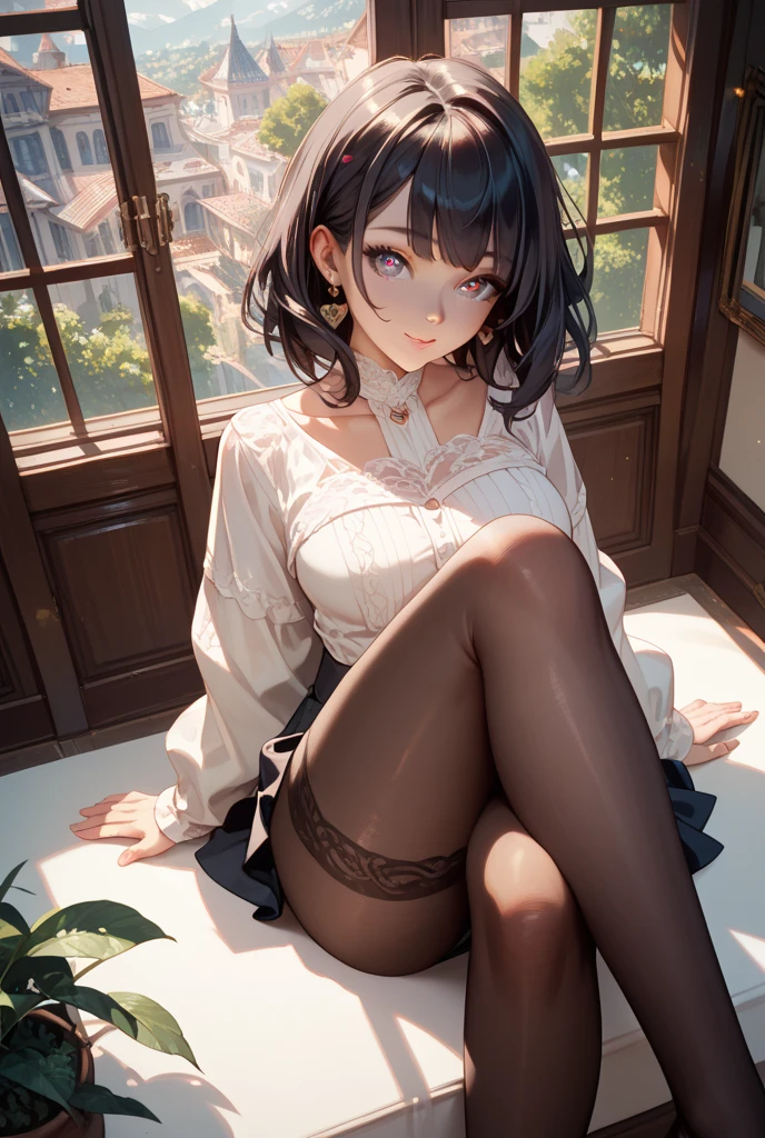 ((8k, Best Quality, Masterpiece: 1.3)), Ultra High Resolution, (20 Year Old Female, Single Person), (Color Changing Eyes, Super Detailed, Expressive Sparkle, Sparkling Eyes), Highly Detailed Eyes, (Grey Eyes), ((Black Semi-Long)), (Large Breasts), She is sitting gracefully on a sofa in a modest living room wearing a sheer cream chiffon blouse and black lace shorts. The blouse is lightly open, revealing a glimpse of her ample chest. Her dark hair is worn naturally and hangs over the back of the sofa. The interior of the living room features a worn wooden sofa, a small table, simple ornaments, and simple art hanging on the walls. The soft afternoon light filters in through the curtains, creating subtle flecks of light on her skin and casting delicate shadows on the lace of her blouse and shorts. She smiles seductively at the camera, leaning slightly back against the sofa and elegantly crossing her legs. The angle is shot from the front of the sofa, looking up at her, bringing out her best features.
