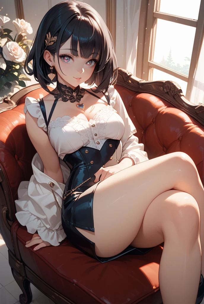 (height_difference:1.5), (size_difference:1.2), princess bedroom, cute princess bedroom, she is looking down at her, she is looking down, a giantess looking down at a minigirl, a giantess with a minigirl below her breasts, she is looking down at her, (giantess:1.3), smug, :3, (1girl:1.2), solo, female focus, cleavage, shiny skin, a crowd of people on a table below the breasts of a giantess, a crowd of people on a platform in front of the breasts of a giantess, (multiple_girls:1.1), (rear end:1.2), (minigirl:1.3), (minigirl on a table: 1.1), sweaty, brown_skinned