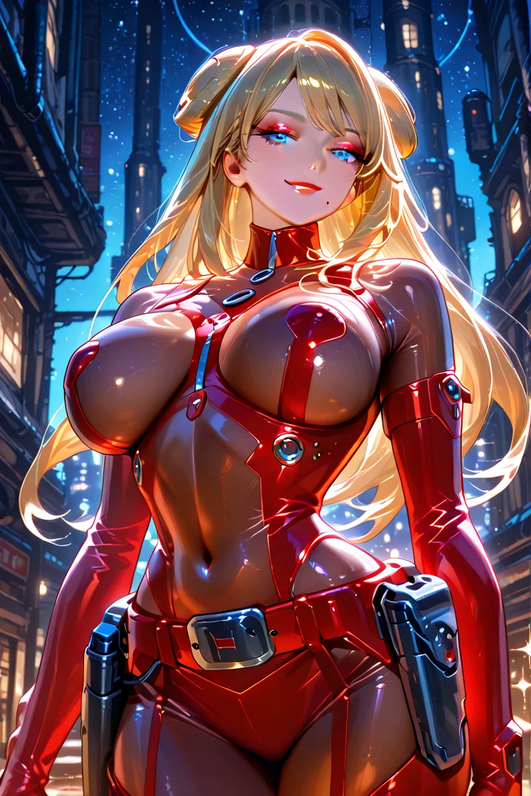 (masterpiece, best quality, ultra detailed, absurdres)1.5, 1girl, (sexy, beautiful woman, perfect face, perfect eyes, perfect female body)1.5, (AliciaViewstream, wavy hair, long hair, blonde hair, red eyes, mature female, milf, v-shaped eyebrows, red lips, extremely detailed clothes, smile, red elbow gloves, red thigh boots, red impossible clothes, ), space station should be very detailed,depth of fields。Create depth with atmospheric lighting,wide wide shot。Use atmospheric and volumetric lighting to enhance space station detail。illuminated by neon lights, textured colored background, Colourful, vibrant, cyber outfit, Futuristic, ((Award-winning ultra-realistic photos)),(Hyper-detailing),(Complicated details),(High resolution CGI artwork 8k)