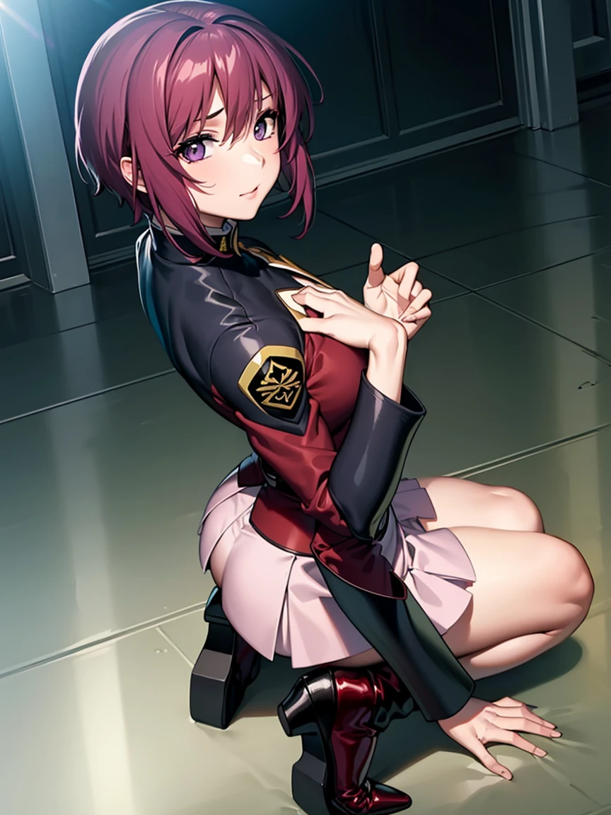 1girl, solo, pink skirt, military uniform, short hair, ahoge, black thighhighs, red hair, purple eyes, purple hair, long sleeves, middle breasts
BREAK
full body view, full body shot, contraposto 
BREAK 
smile, Hold your chest up pose 
BREAK 
Masterpiece, best quality, high resolution, 8K, official art, super resolution, extremely detailed and beautiful, extremely detailed, amazing and detailed, highly detailed beautiful girl, highly detailed face, highly detailed eyes, highly detailed skin, highly detailed fingers, highly detailed nose, very detailed mouth, perfect anatomy 
BREAK 
indoors, midnight, late at night, darkness, luxurious mansion, extremely detailed CG unity 16k, very fine 16KCG wallpapers