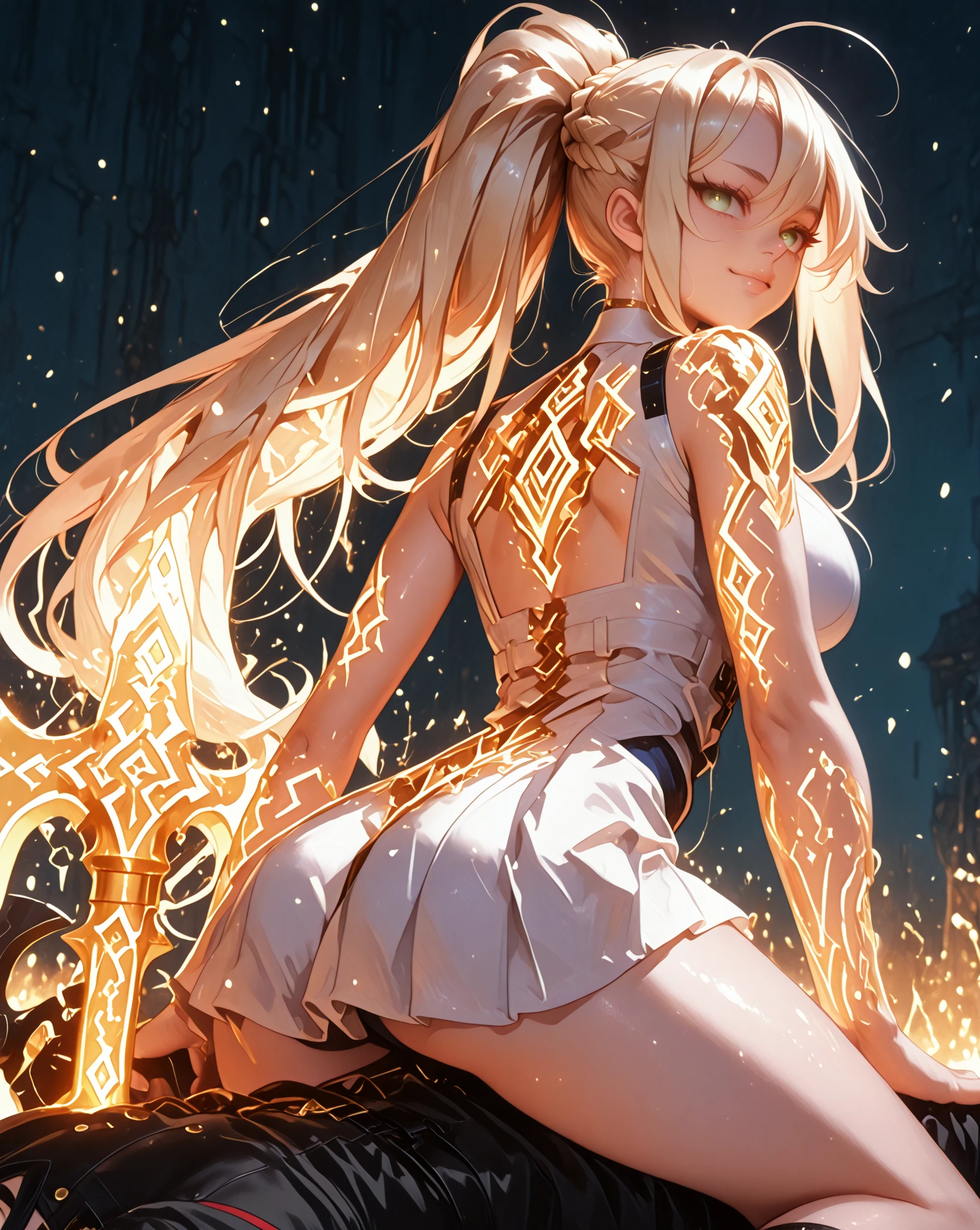 young girl, longue blonde hair, Hairpin with a bundle, turquoise eyes, red tight uniform, Sleeveless, Wide neckline on the chest to the abdomen, Gold Elements, Shorts, smirk, elegant shoes, Masterpiece, hiquality, 4k, HD, Good details fullbody view, full body overview