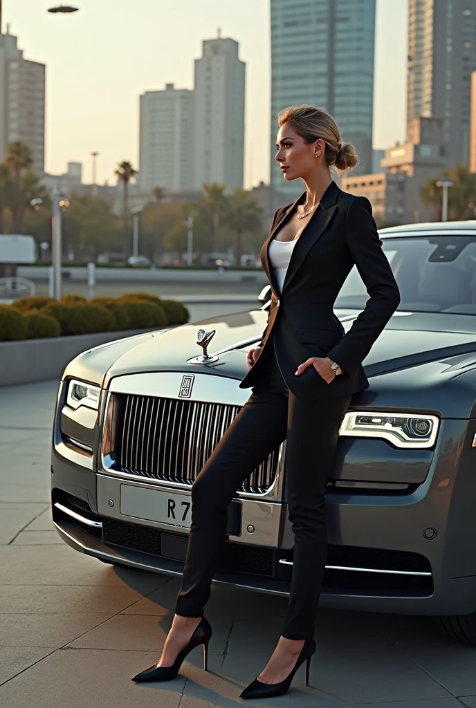 A image containing beautiful woman wears buisness suit standing outside of his big house and showing her rolls Royce