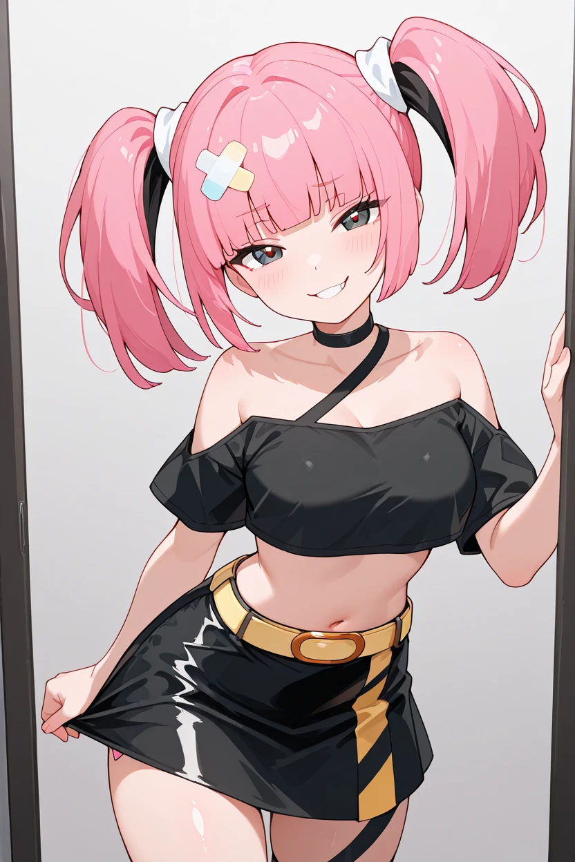 ((Masterpiece, best quality)), edgQuality,
edgBIC,bikini under clothes, 1girl, solo, breasts, skirt, large breasts, simple background, red eyes, gloves, white background, navel, holding, cleavage, jewelry, swimsuit, ponytail, bikini, earrings, choker, belt, fingerless gloves, pink eyes, nail polish,makeup, black bikini, highleg, phone, piercing, cellphone, animal print, ear piercing, black nails, smartphone, holding phone, selfie ,wearing edgBIC