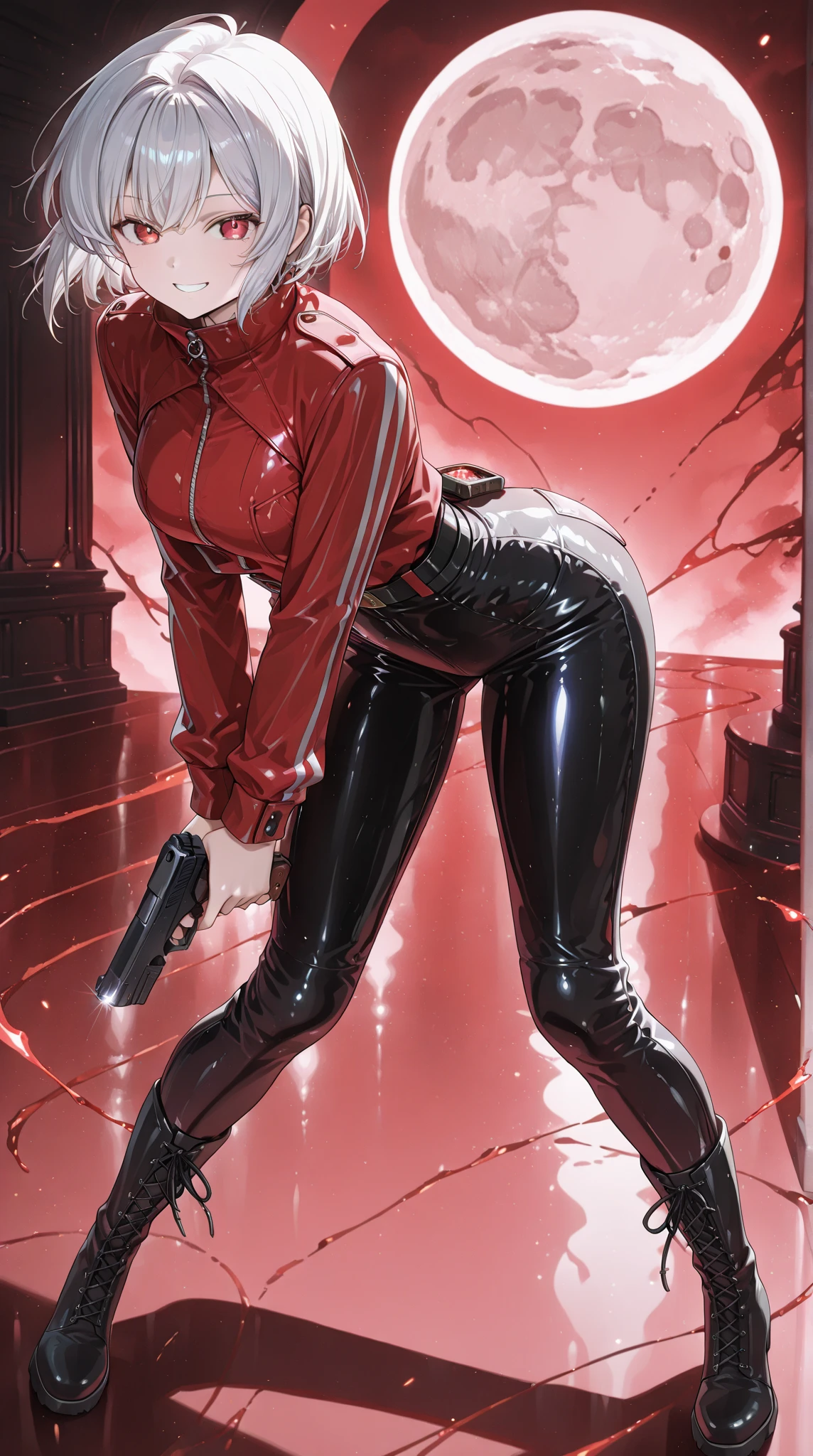 Latex girl lustful smirking smile red blush red cheeks, chain leash, kneeling, shackles, leather black collar slave, dog ears, fluffy dog ears, hands on glass breasts on glass ass on glass window fog water drop