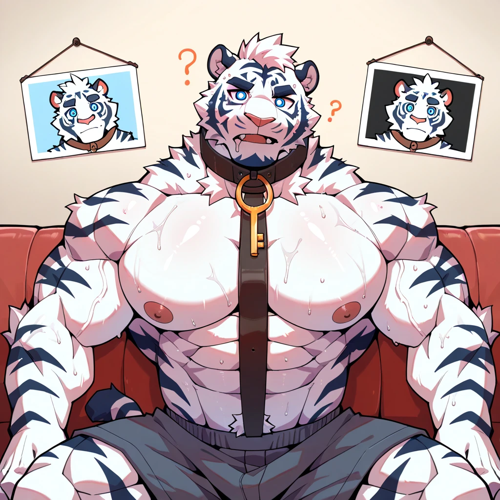 masterpiece, best quality, 8k resolution, Very detailed, hairy,(((White lion))),(((Mature))),(((middle age))),(((White hair all over body))),(((Blushing))),portrait,(((Green eyes))),(((Strong))),(((Glasses))),(((Shirtless))),Hip bulge,For the audience,(((Shameful))),Highest quality scene,Solitary,solitary,(((thong)),(((Hip bulge))),(((Sweating))),((Chains)),(((limb shackles)))),(((Neck collar))),(Shameful),((Kneeling))),((Stick out your tongue)),(((White fur))),((Long hair))