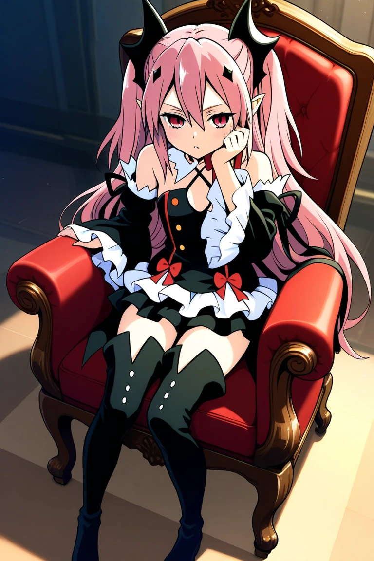 masterpiece, best quality, highres, aakrul, long hair, two side up, hair ornament, pointy ears, small breasts, frilled choker, red bow, bare shoulders, black dress, detached sleeves, sleeves past wrists. thighhighs, <lora:krul_tepes_v1:0.7>, throne, sitting, crossed legs, smile