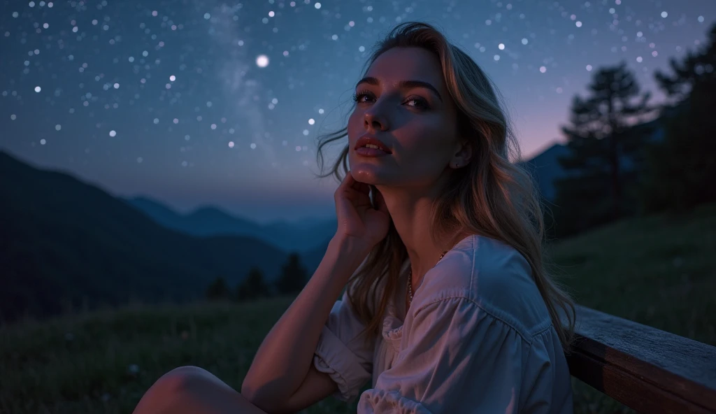 1 woman ((upper body selfie, happy)), masterpiece, best quality, ultra-detailed, solo, outdoor, (night), mountains, nature, (stars, moon) cheerful, happy, backpack, sleeping bag, camping stove, water bottle, country boot, country hat, red plaid shirt long sleeve open, lantern, forest, rocks, river, wood, smoke, shadows, contrast, clear sky, style, (warm hue,  warm tone: 1.2), close-up, cinematic light, side lighting, ultra high resolution, best shadow, RAW, upper body, wearing lingerie, seductive look, huge breasts, 4k, open neckline, sexy