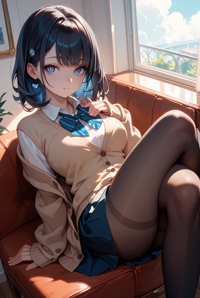 absurdres, RAW photo, extremely delicate and beautiful, masterpiece, Best Quality, ultra high resolution, 32k, hyperrealistic, ultra-detailed, perfect figure, in her 20s, very small head, very small face, delicate facial features, tearful mole, earring, huge breasts, legs, full body shot, medium hair, black hair, Colored inner hair, sweat, school_uniform,