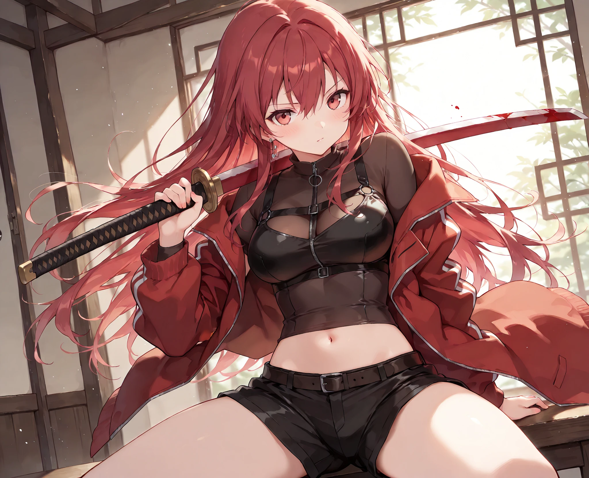 long red and white hair ponytail, crop top shirt see through with black braw, black miniskirt, purple eyes, katana sword, city, masterpiece, 8k, high res, looking at viewer thigh tattoo
