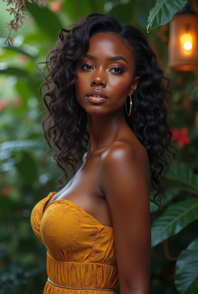 (selfie, center view: 1.4), (full of the body: 1.4), RAW UHD portrait photo of a 24-year-old African (brown-eyed African woman), large breasts, (skirt), behind, (neckline), details (textures! , hair! , glitter, color!! , disadvantages: 1.1), glossy eyes with high detail (looking at the camera), SLR lighting, SLR camera, ultra-quality, sharpness, depth of field, film grain (center),, crystal clear, frame center, beautiful face, sharp focus, bokeh (dimly lit), day, detailed skin pores, oily skin, sunburn, complex eye details, full body, large breasts, full body photo, outdoor runway, luxury setting, luxury accessories