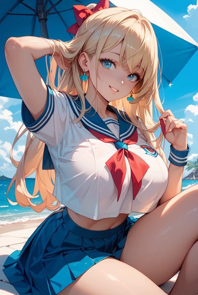 ((Browsing Caution,serafuku)),masterpiece, highest quality, detailed, One Girl, Beach, Huge breasts, smile, Ocean, Gentle Breeze, Soft lighting,