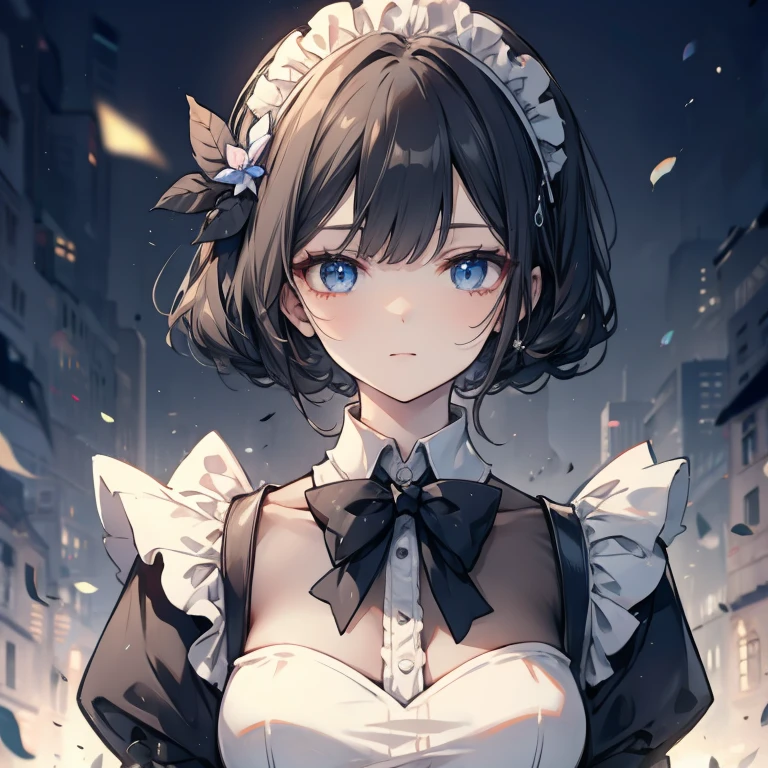 ((tmasterpiece:1.4, Best quality))+, (hyper-detailing)+, (exquisite black eyes:1.5)+, (Detailed ears:1.5), (cute girls), (The shirt,a white long skirt:1.5), Tight white silk, Short hair details, long braid,biting pigtails,no headwear,(Black flowers:1.2), pale-skinned, (white cloth:1.5), (Black Martin boots:1.4), modern ,Great sword in the center of the city,Surrounded by huge black trees, The whole city shrouded in thick fog,Mechanical City,Giant black crystals are scattered throughout the city,Looking up at tall buildings from the street,Flying dust,(white headscarf:1.1), (dawn light:1.2), ), (closeup cleavage:1.1), the only person, bell, Dark black hair, hair covering one eye, V-shaped eyebrows, Gloom (Expressing the), from back, from the above, Best quality, A high resolution, high detal, high high quality, 16k