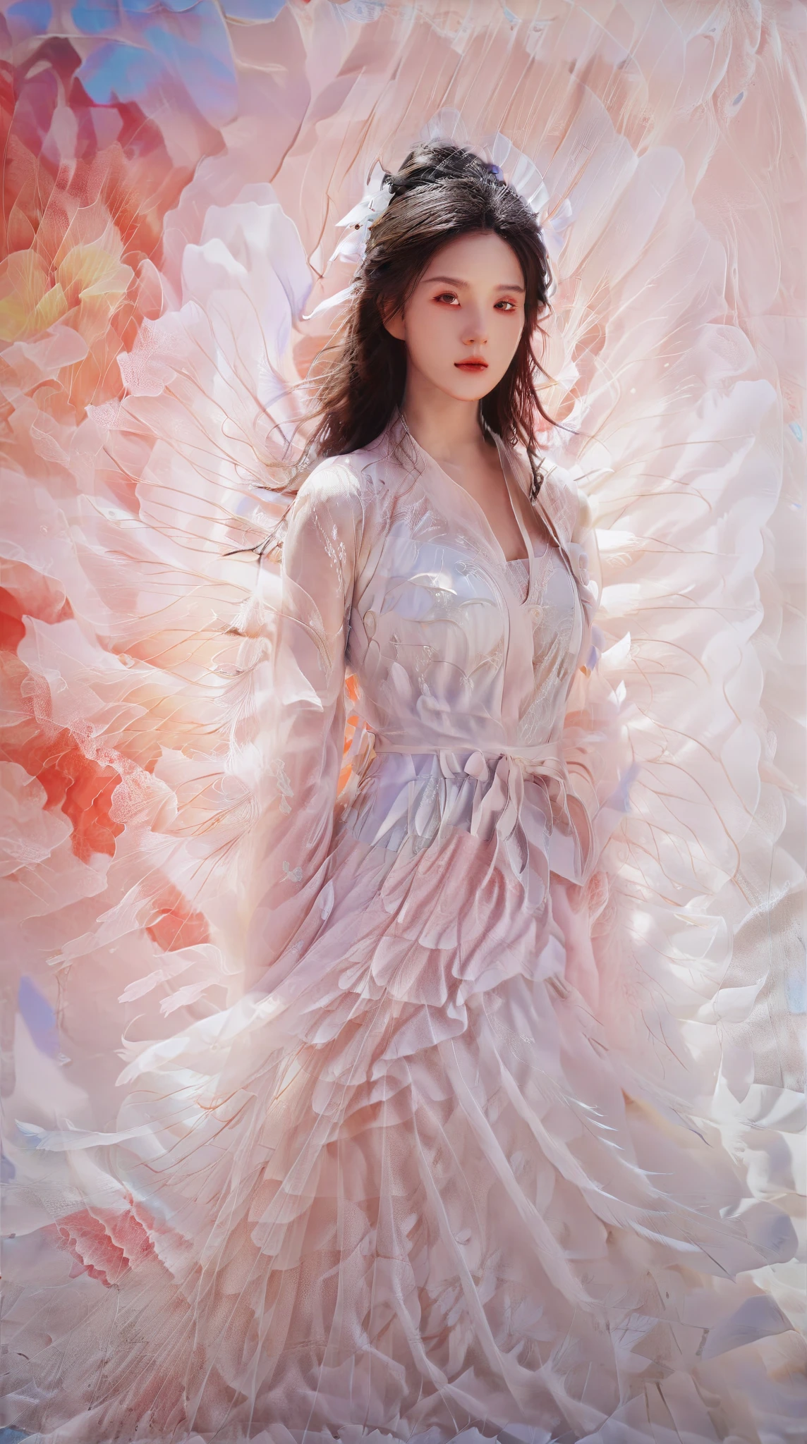 dress,wings,fairy, A beautiful and moving woman, in an elegant pose, her full breasts on display.，Visible cleavage，Sexy long legs，The skirt is short, Variety of slim and cute beauties, Her long hair cascades down her shoulders like a waterfall。She smiles radiantly，Eyes sparkle，Her skin is flawless。Her curves are highlighted。Sparkle in the light，The colors are soft，One hand on hip，Her posture is both graceful and strong。She wears elegant high heels，Goes well with her outfit。In the warm golden sun。The overall atmosphere of the image is tranquil and uplifting，Emphasizing natural beauty and elegance, Studio Lighting,Bright colors, Sweet maiden, sweet smile, make up，shy，Blush，Parted lips，Heavy breathing，moan，Surrealism，Realism，Movie Lighting，Relief，Sony FE GM，Retina，masterpiece，precise，Anatomically correct，Textured Skin，Super Detail，High Detail，best quality，rich and colorful