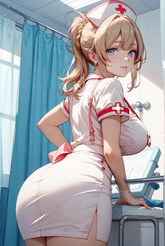 Masterpiece, wearing a nurse's uniform, standing in a hospital room, cleavage, hanging boobs, leaning forward, MakaAlbarn, light brown hair, big and round ass, hotny face, Thick thighs