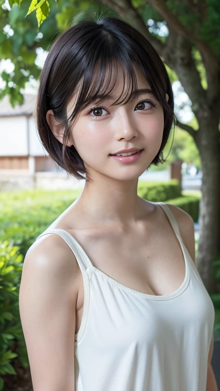 Top quality, 1 beautiful woman, super short Hair, shy Smile, wearing tanktop, From Above